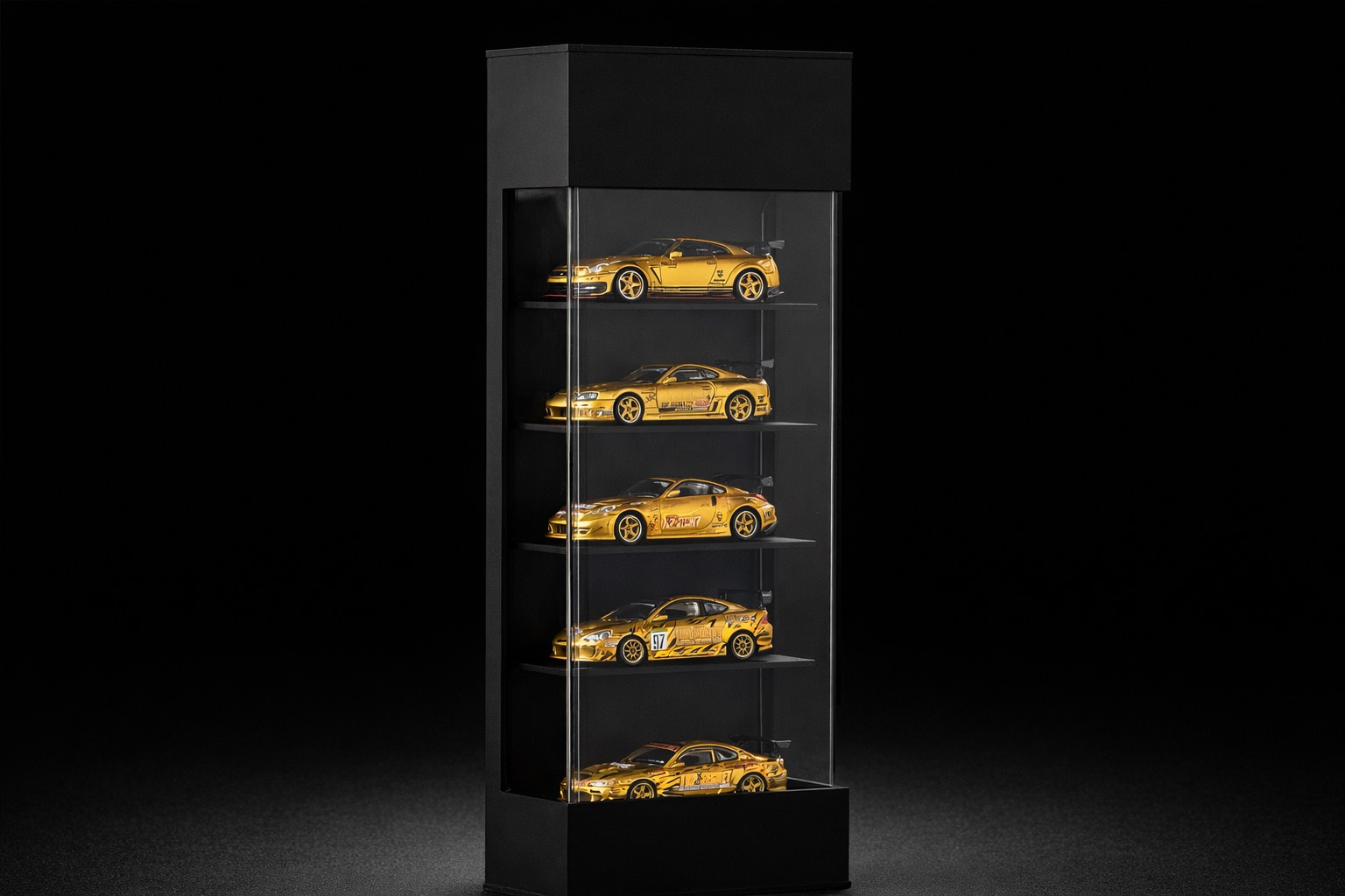 Wall-mounted display case for model cars.