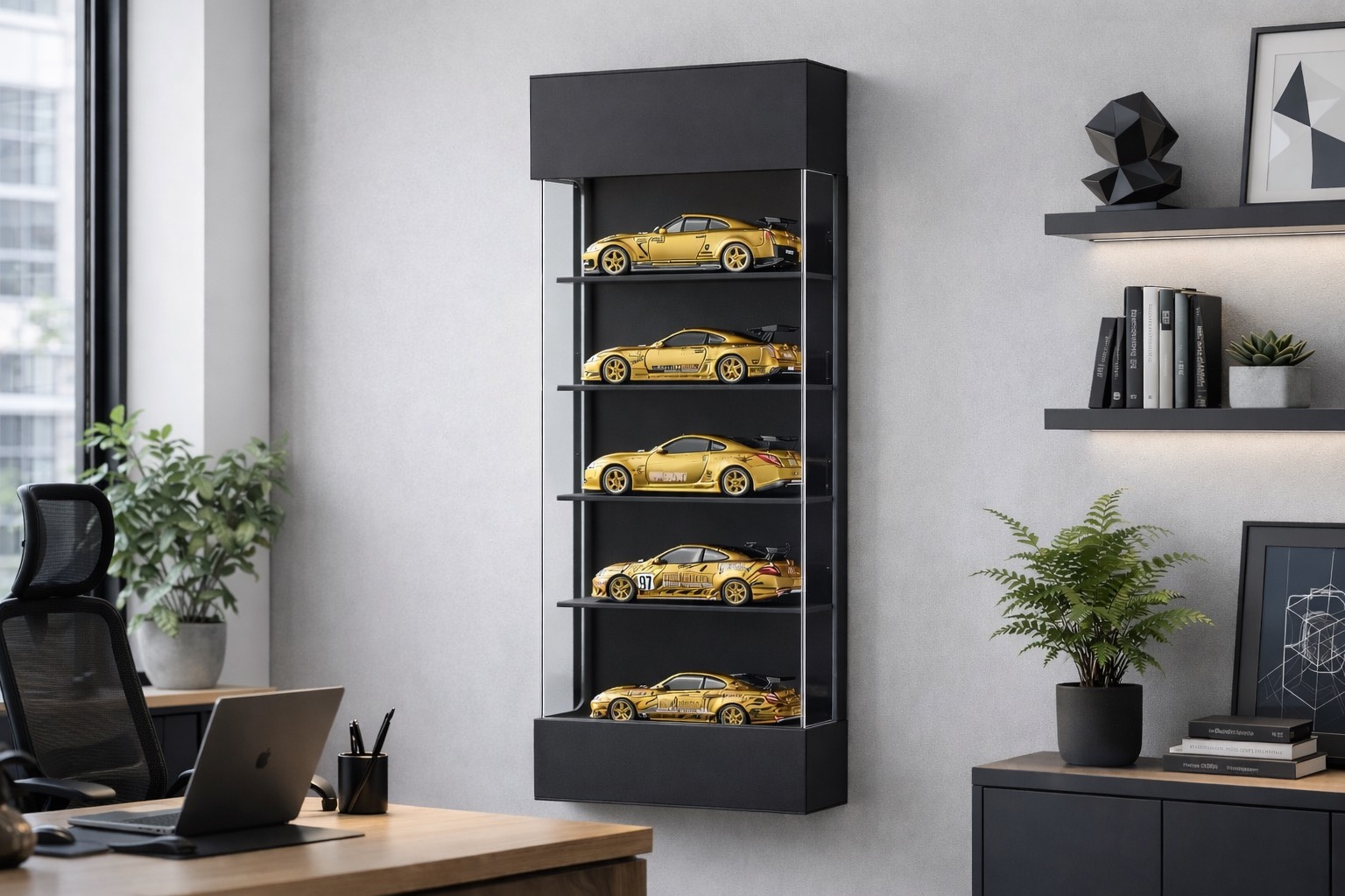 Wall-mounted display case for model cars.
