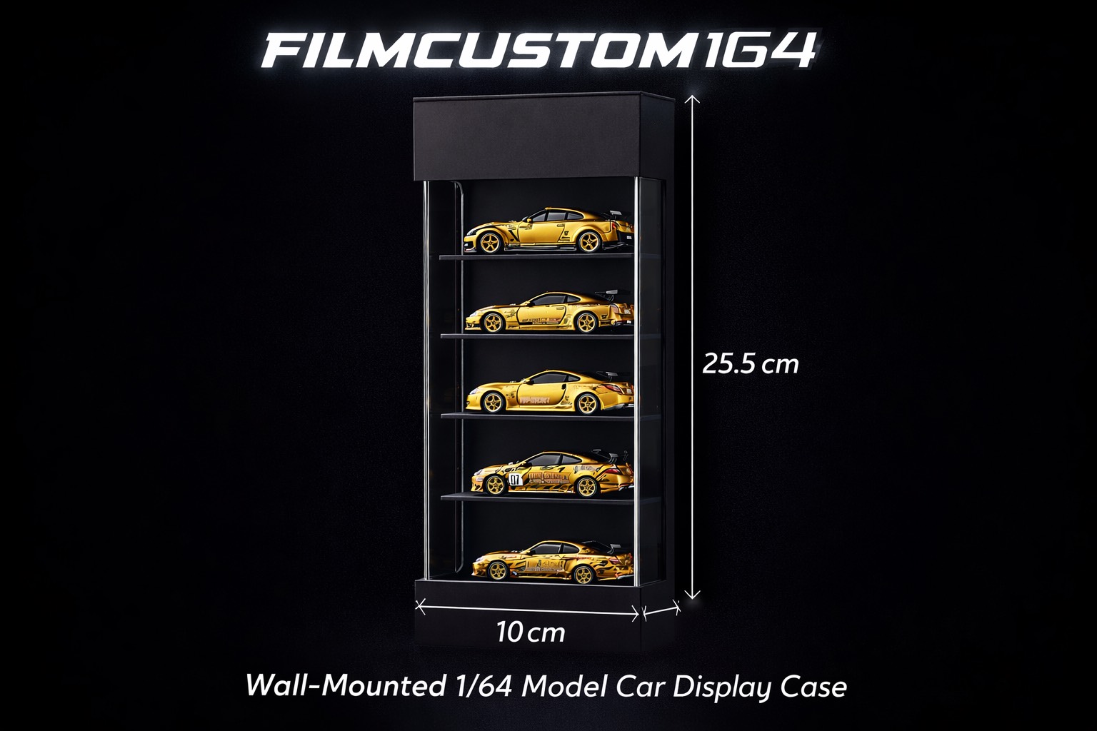 Wall-mounted display case for model cars.